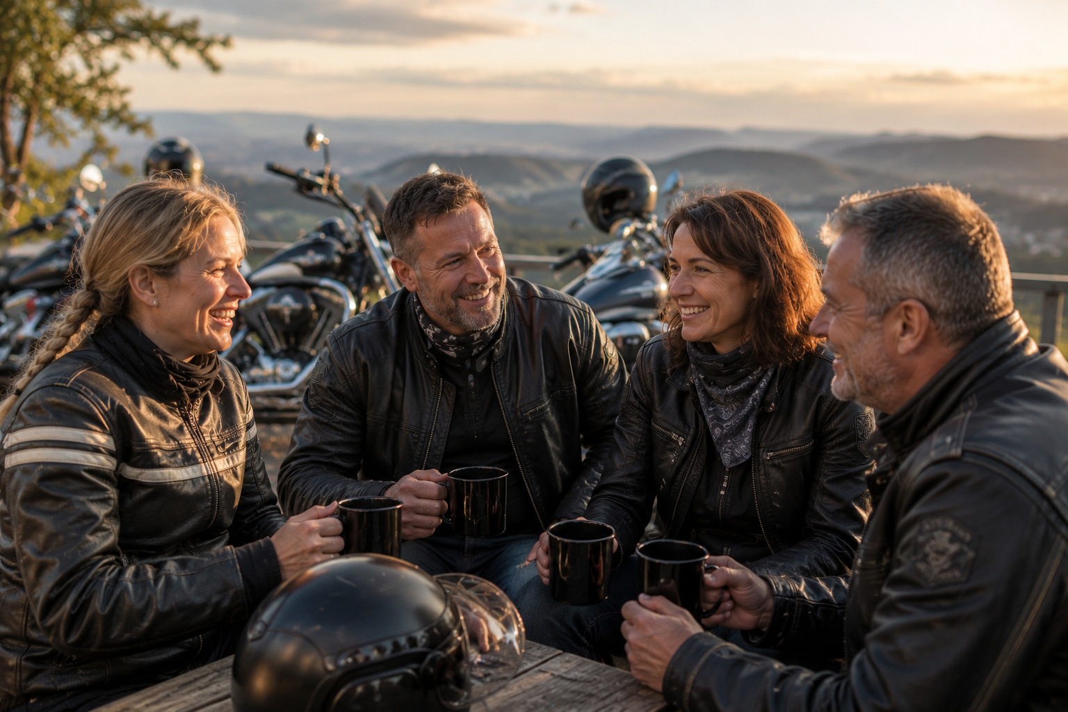 Four riders sharing coffee and laughing together at sunset with motorcycles in the background