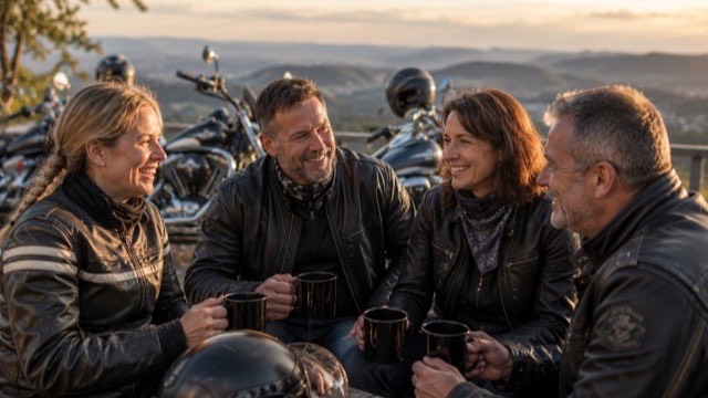 Two riders sitting on a roadside wall, helmets off, laughing over a flask of tea