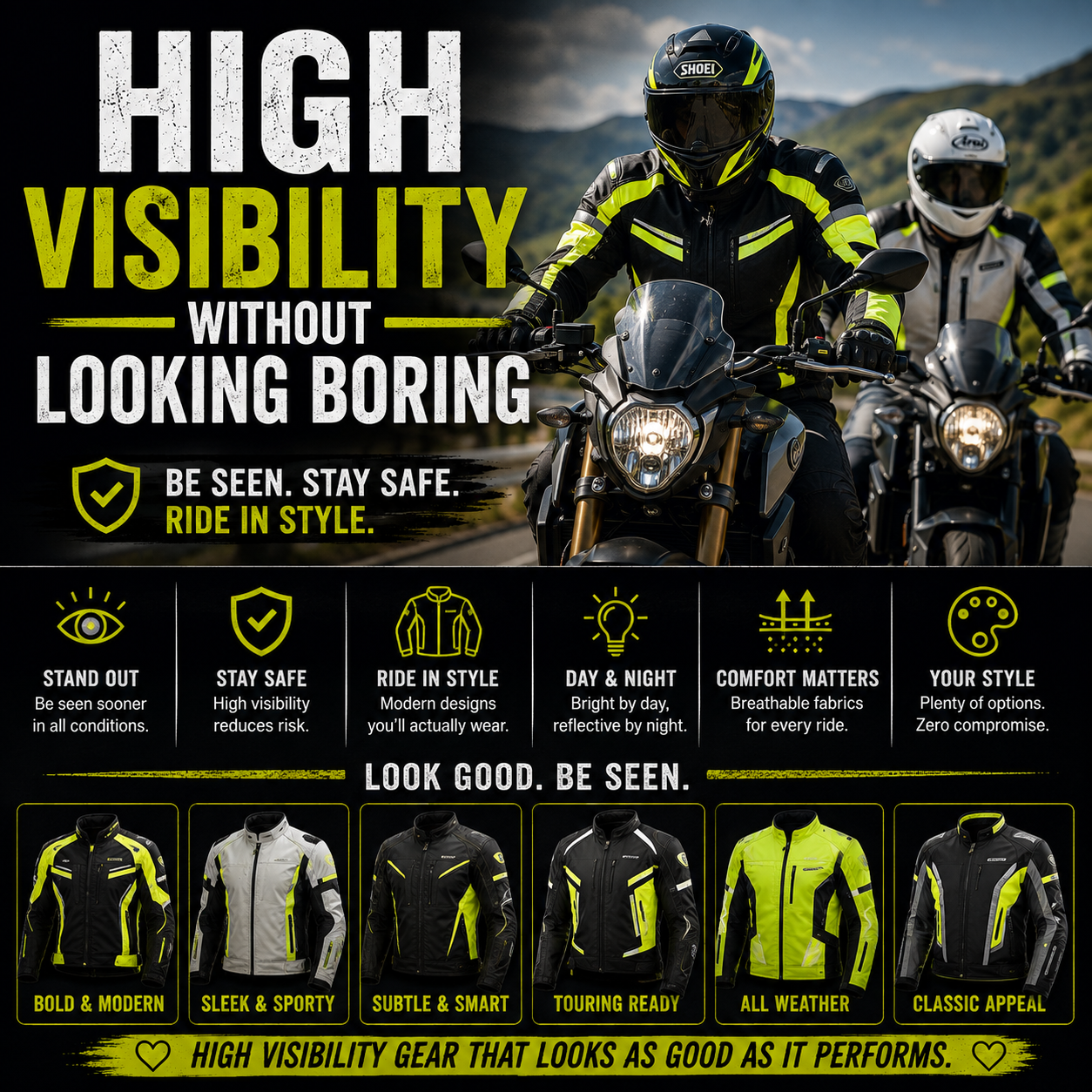 A rider in a stylish high-visibility jacket with reflective detailing standing next to a motorcycle on a country road