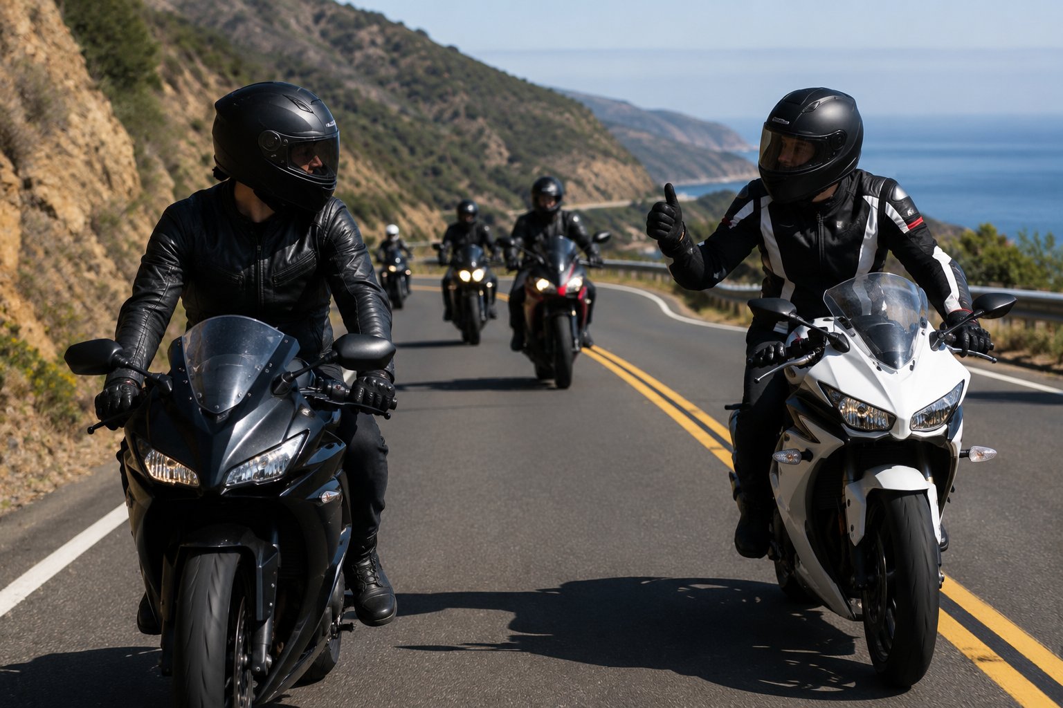A group of sport bike riders on a coastal road, one rider giving a thumbs up