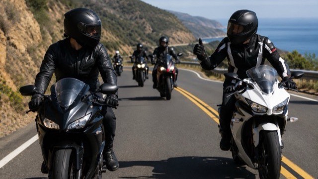A group of sport bike riders on a coastal road, one rider giving a thumbs up
