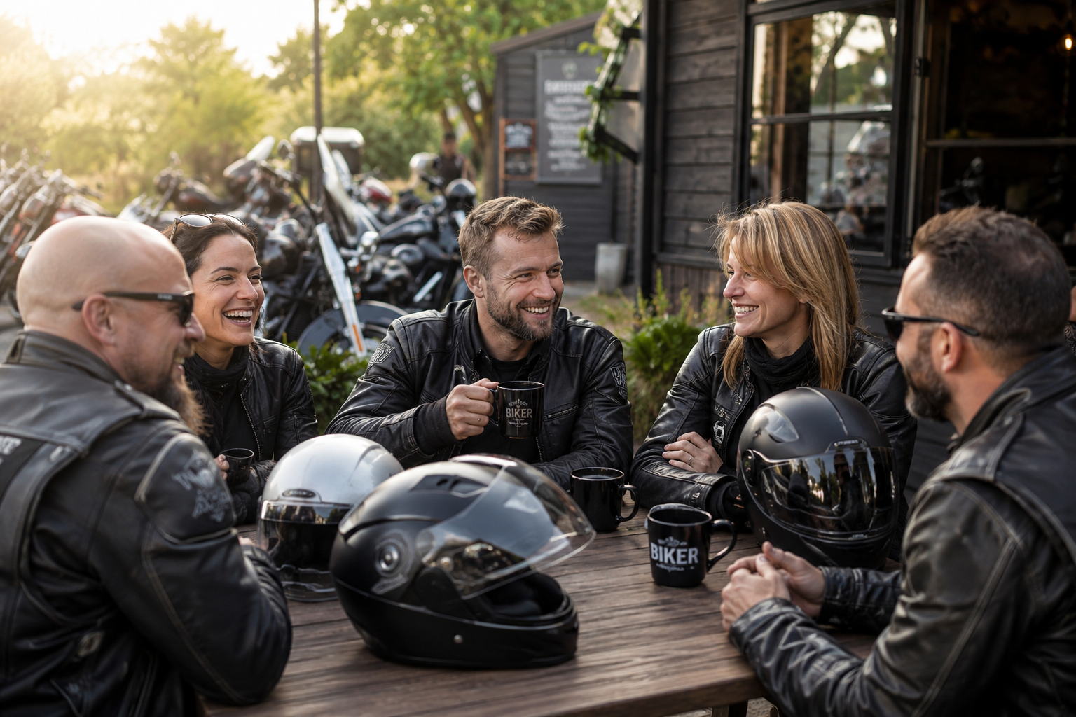 Five riders in leather jackets laughing together at an outdoor table at a biker café, helmets on the table and motorcycles parked in the background