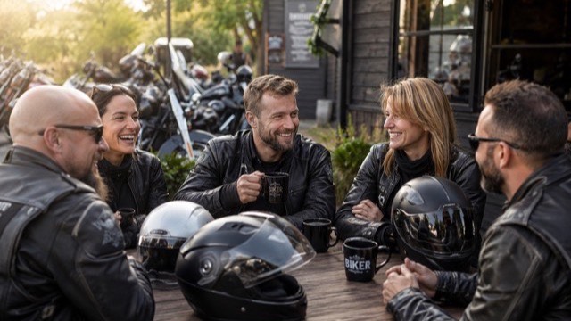 Five riders in leather jackets laughing together at an outdoor table at a biker café, helmets on the table