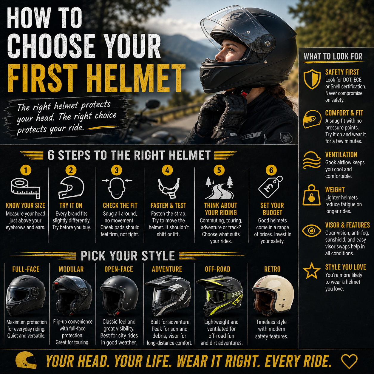 A row of motorcycle helmets in different styles and colours displayed in a shop