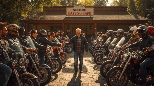 A rider confidently introducing themselves to a group at a motorcycle meetup, helmets in hand