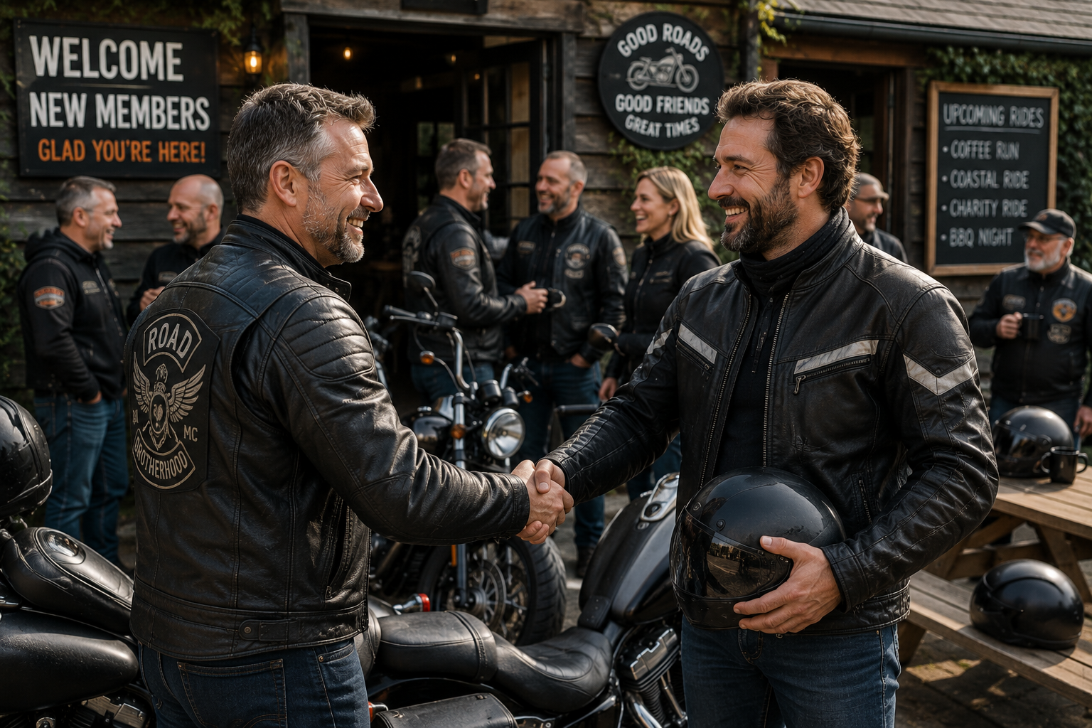 Two men in leather jackets shaking hands warmly at a motorcycle meet, with a welcome sign visible and a group of riders mingling in the background