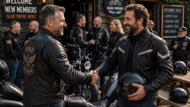 Two men in leather jackets shaking hands warmly at a motorcycle meet with a welcome sign visible