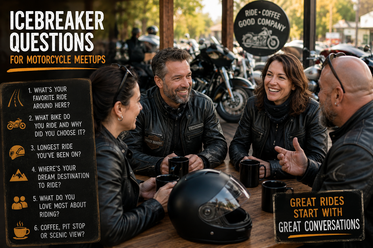 Three riders at a motorcycle café table in animated conversation, coffee cups and helmets visible