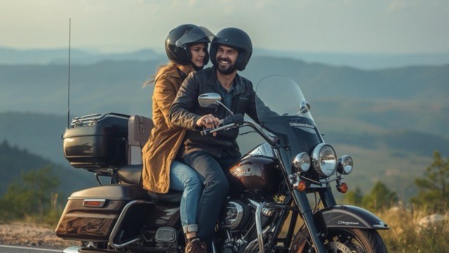 A smiling couple riding a touring motorcycle together with mountains in the background