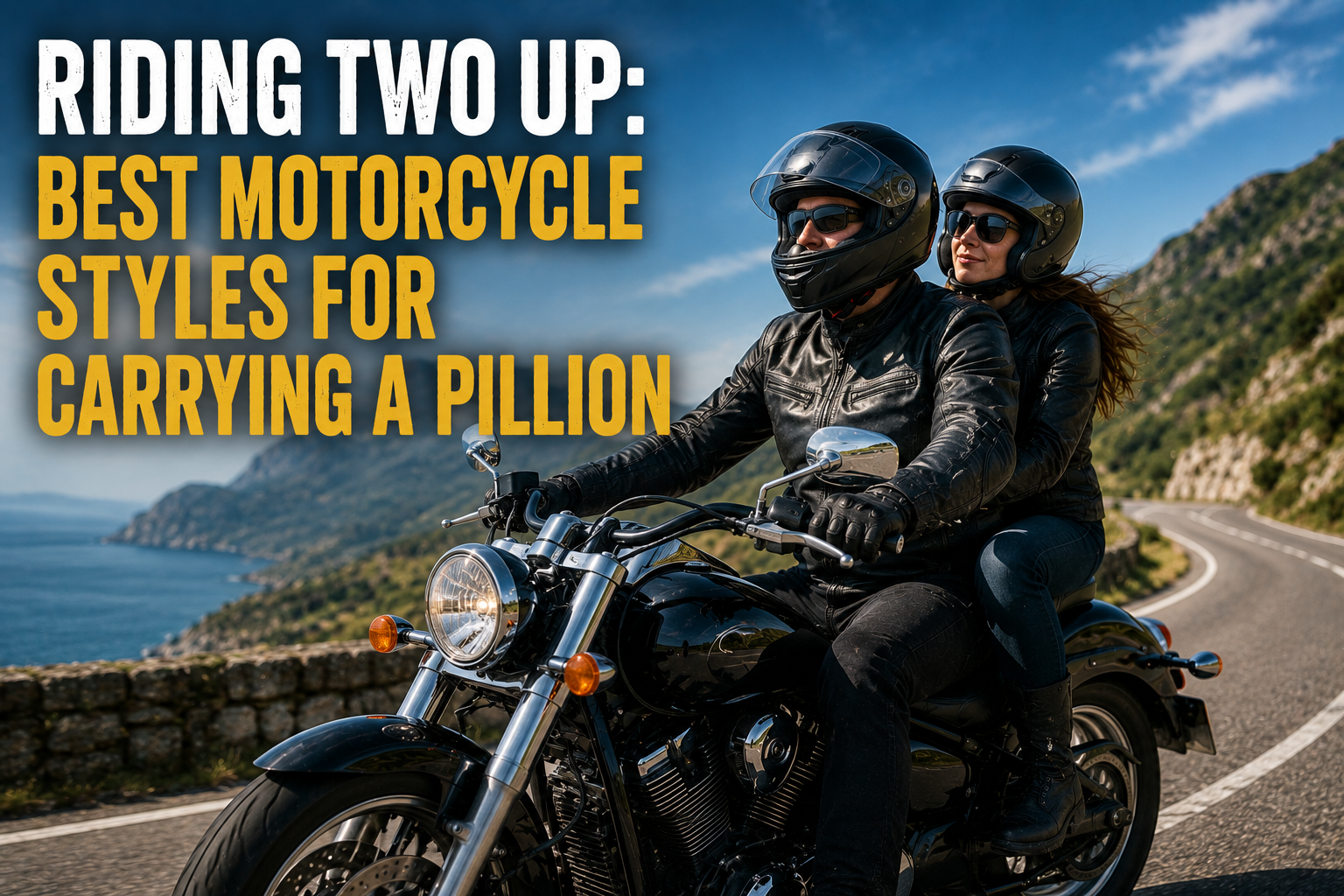 A rider and pillion in matching helmets riding two-up along a scenic country road, the pillion holding on relaxed with green hills in the background