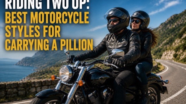 A rider and pillion in matching helmets riding two-up along a scenic country road with green hills in the background