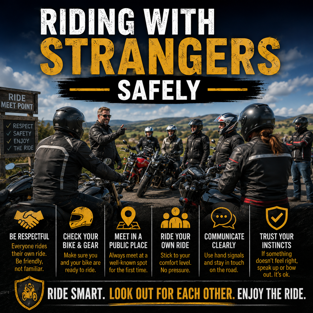A group of riders in high-visibility gear doing a pre-ride briefing in a car park before heading out together