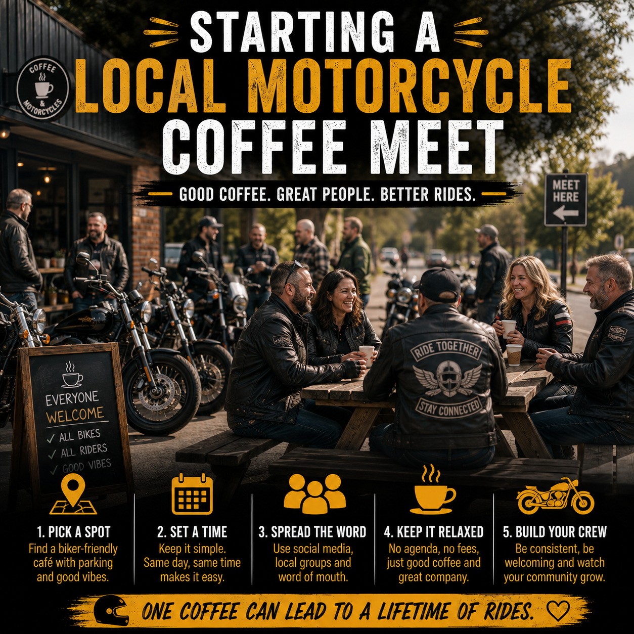 Motorcycles parked outside a busy café on a sunny morning, with riders visible through the window chatting over coffee