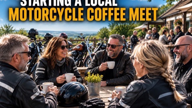 Motorcycles parked outside a busy café on a sunny morning, with riders visible through the window chatting over coffee