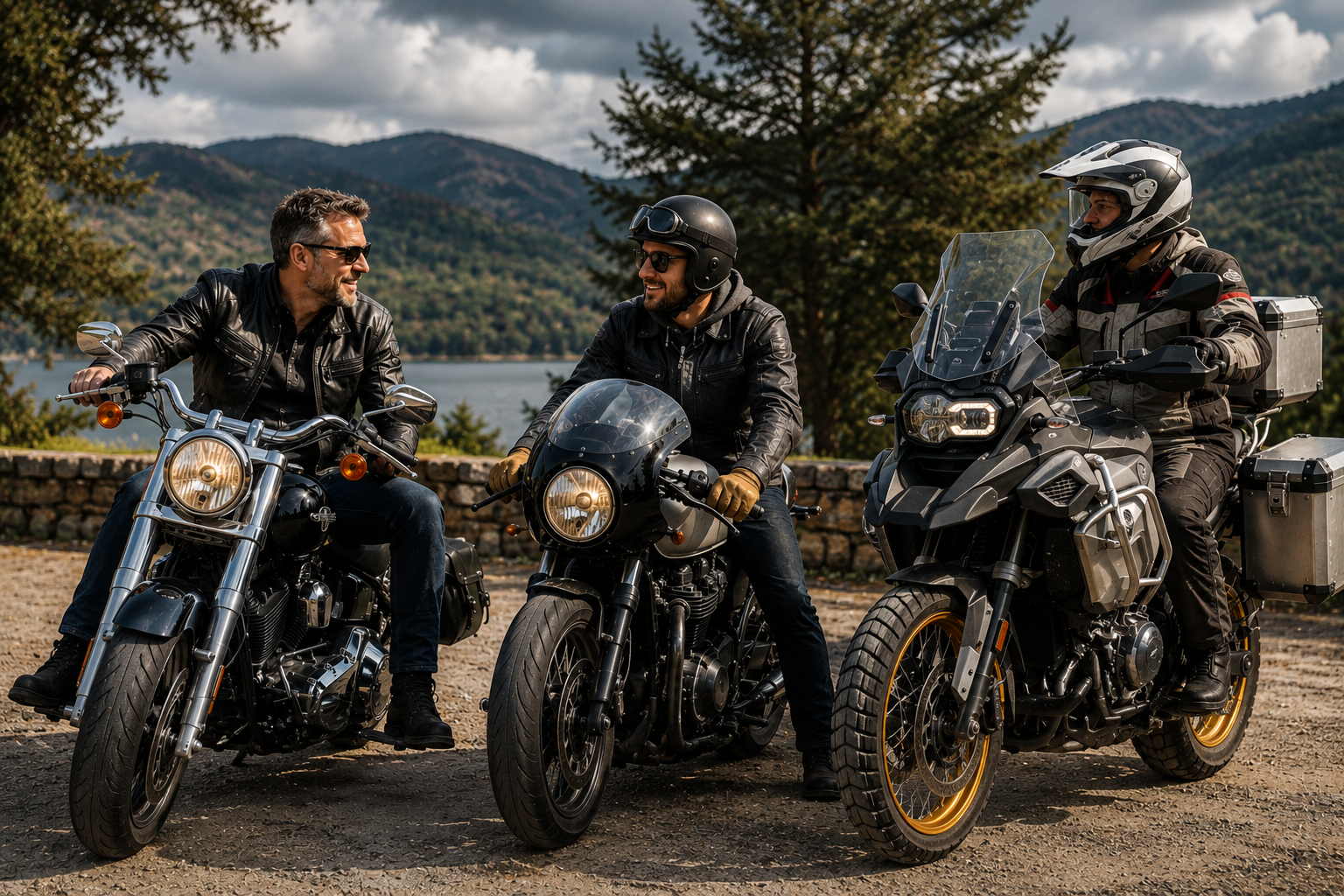 Three riders sitting on very different motorcycles — a cruiser, a café racer, and an adventure tourer — chatting together at a lakeside viewpoint