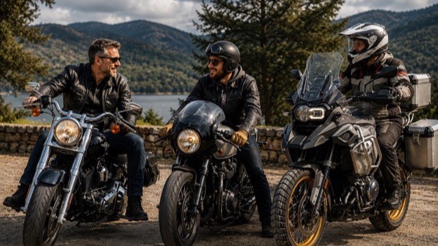 Three riders on very different motorcycles — a cruiser, a café racer, and an adventure tourer — chatting at a lakeside viewpoint