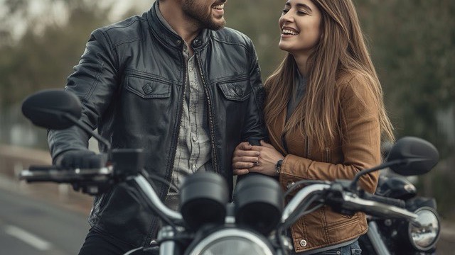 A rider and pillion pulling startled, laughing expressions while riding in open-face helmets and a scarf in the wind