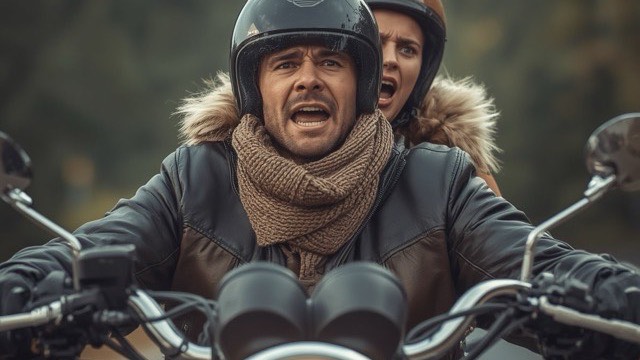 A man and woman standing close together by their motorcycles, laughing mid-conversation on a roadside
