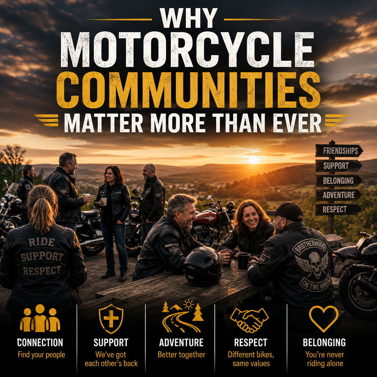 A large group of motorcyclists gathered at a meeting point, laughing and talking with a colourful mix of bikes parked around them