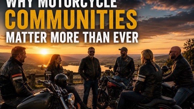 A group of motorcyclists gathered in a car park, bikes parked, chatting before a ride