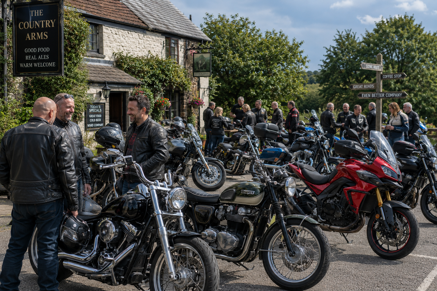 A group of riders socialising in the car park of a traditional British country pub on a sunny day