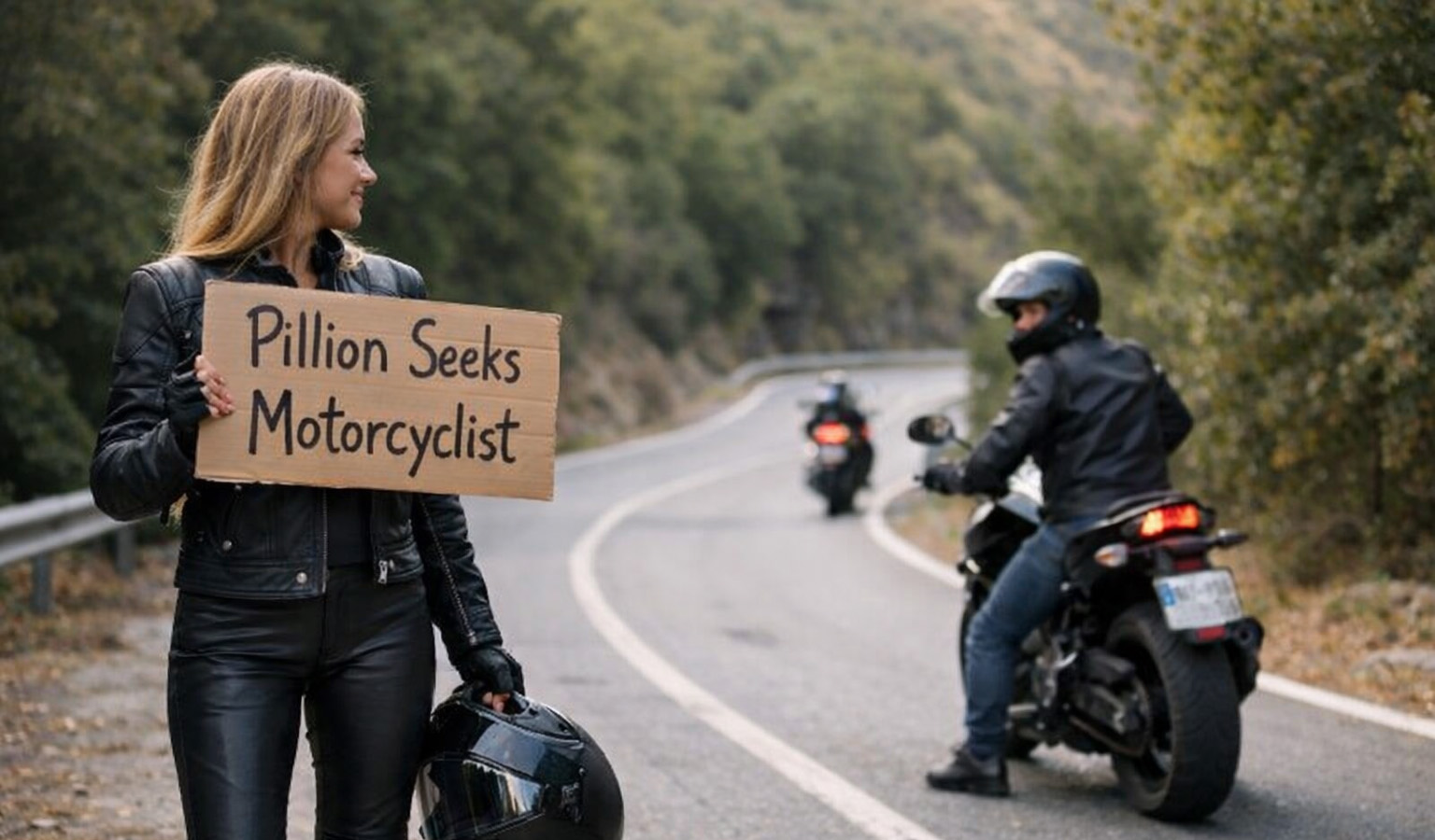 A woman pillion holds a handwritten sign reading 'Pillion Seeks Motorcyclist' on a country road as two motorcyclists ride past